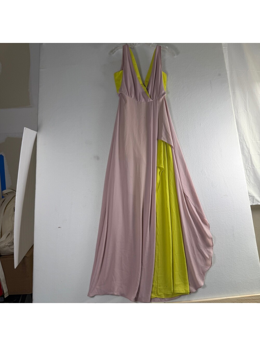 BCBGMAXAZRIA Color-Block V-Neck Maxi Dress Pink Yellow 0